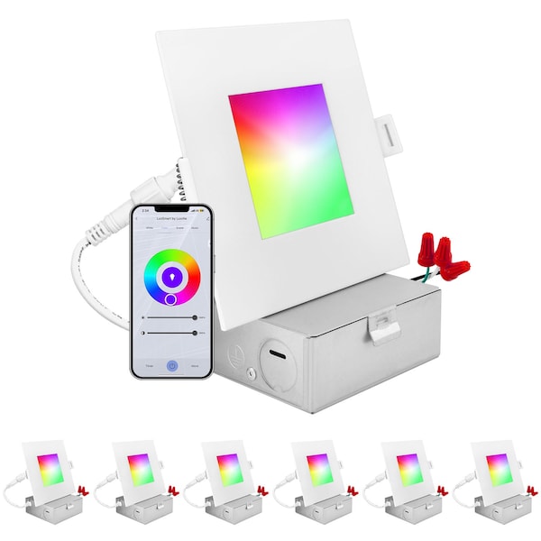 Luxrite 4 Inch Square Smart LED Recessed Lights RGBW Wifi App and Voice 10.5W 700LM No Hub Required, 6PK LR22742-6PK - main